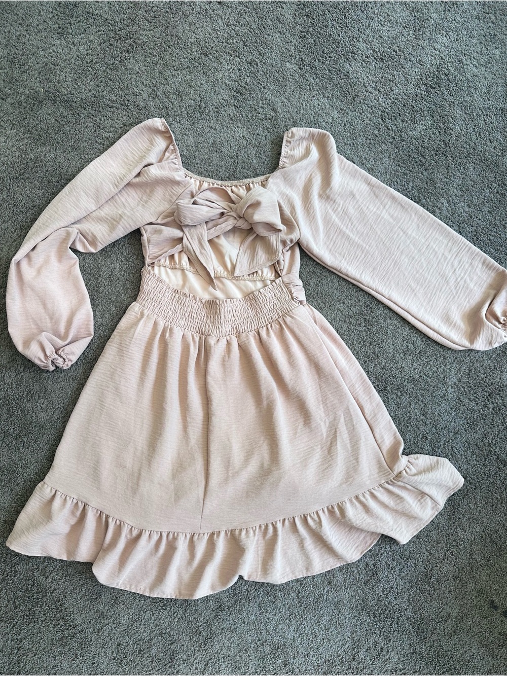 Dokotoo Smocked Empire Waist Long Sleeve open back Mini Dress — Tan - Picture 5 of 8